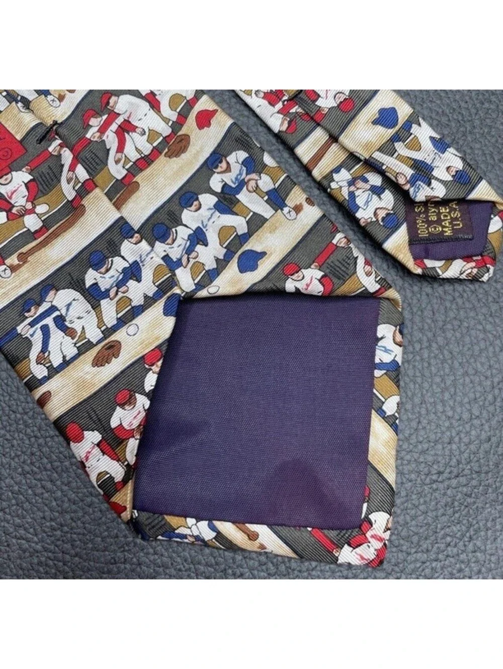 100% Silk Alynn Neckwear Mens Tie Made In USA Blue Red Baseball Bull Pen